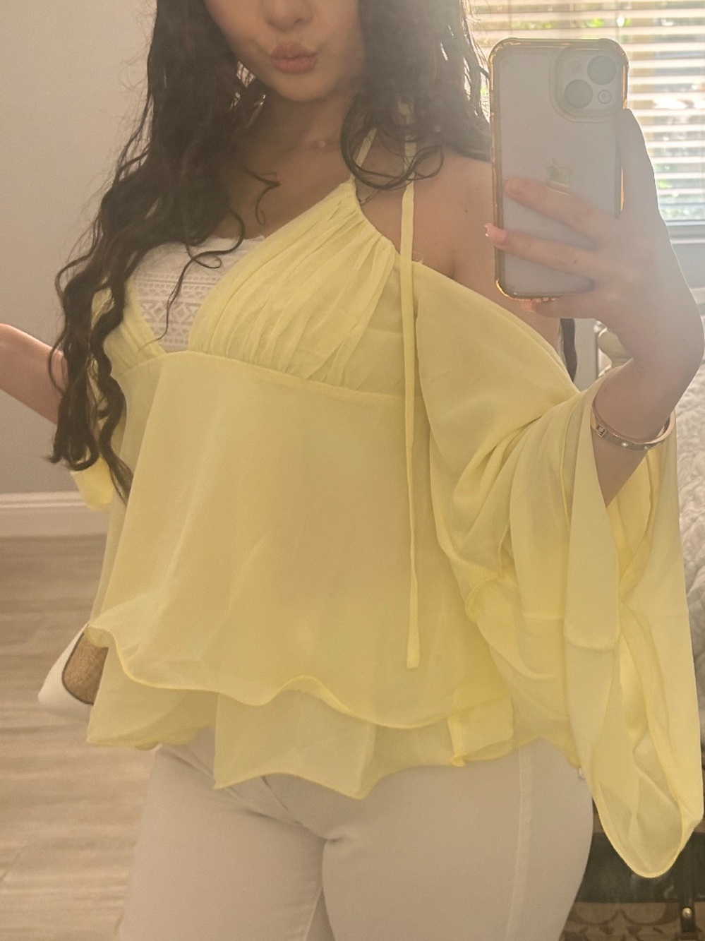 PrettyLittleThing Yellow Cold-Shoulder Chiffon Tunic